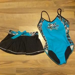 Girls SZ 10 One Piece Bathing Swim Suit with Skirt